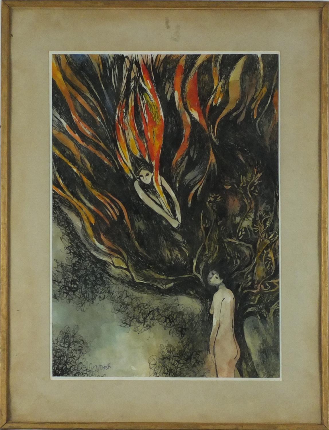 Peter Luther - Promethius Bringing Fire, pen and wash, inscribed verso, mounted and framed, 40cm x - Image 2 of 5