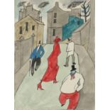 Street scene with figures, ink and watercolour, bearing a signature Feininger, mounted and framed,