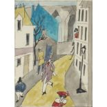 Street scene with figures, ink and watercolour, bearing a signature Feininger mounted and framed,