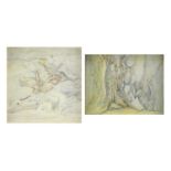 Abstract compositions, surreal woodland, two watercolours, inscribed verso, framed, the largest 28cm