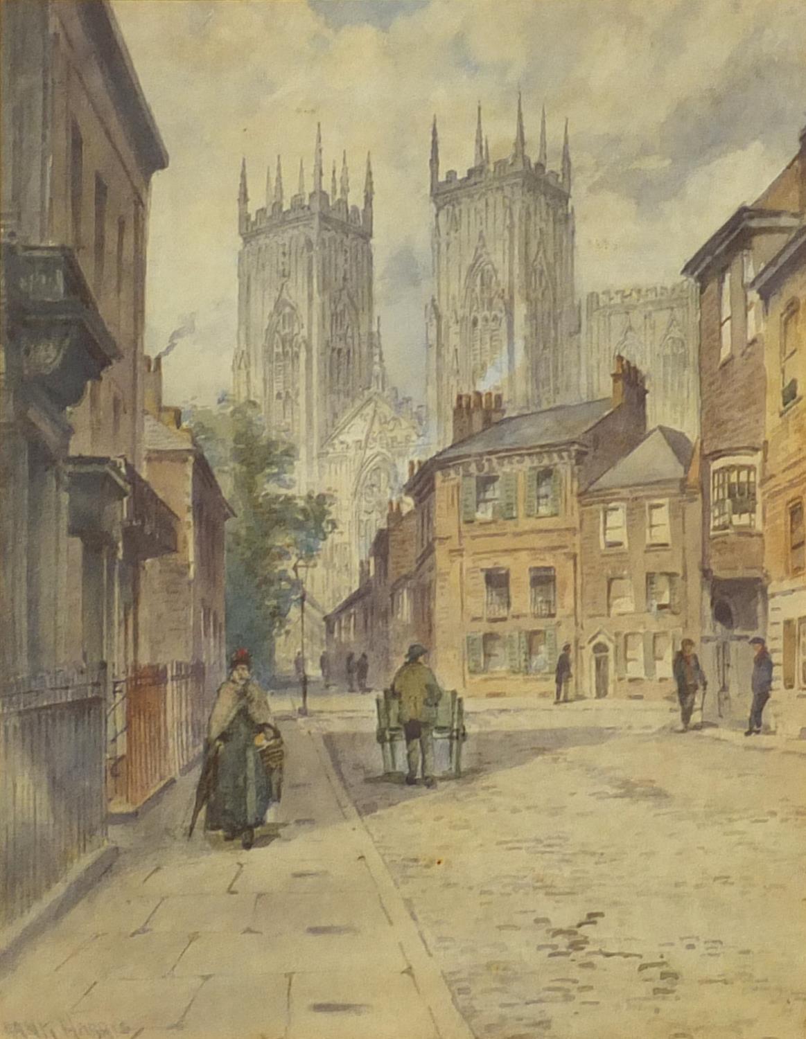 Frank Harris - View of York Minster, late 19th century watercolour, mounted and framed, 22cm x 17cm