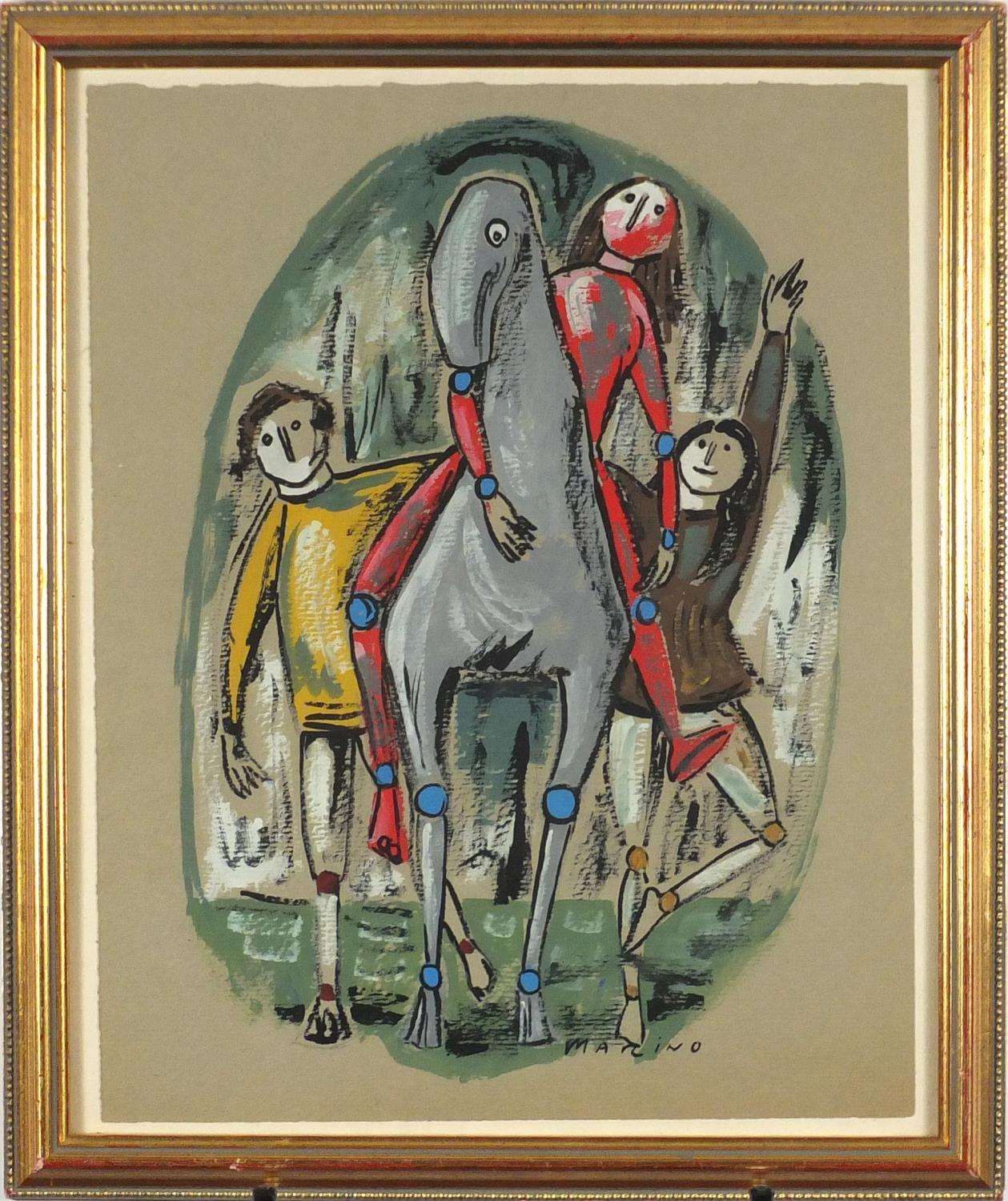 Three figures and a donkey, Italian school gouache, bearing a signature possibly Marcino, framed, - Image 2 of 4