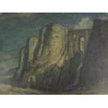 S Dennett Moss - Figures seated before chalk cliffs, watercolor on card, unframed, 61cm x 48cm