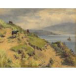 Charles Grant Davidson - Cattle on cliffs, pencil and watercolour, inscribed verso, mounted and