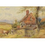 O Loyd - Figure with cattle before a cottage, 19th century watercolour, mounted and framed, 30cm x