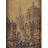 Henry Schaefer - Figures before a cathedral, 19th century heightened watercolour on paper, framed,