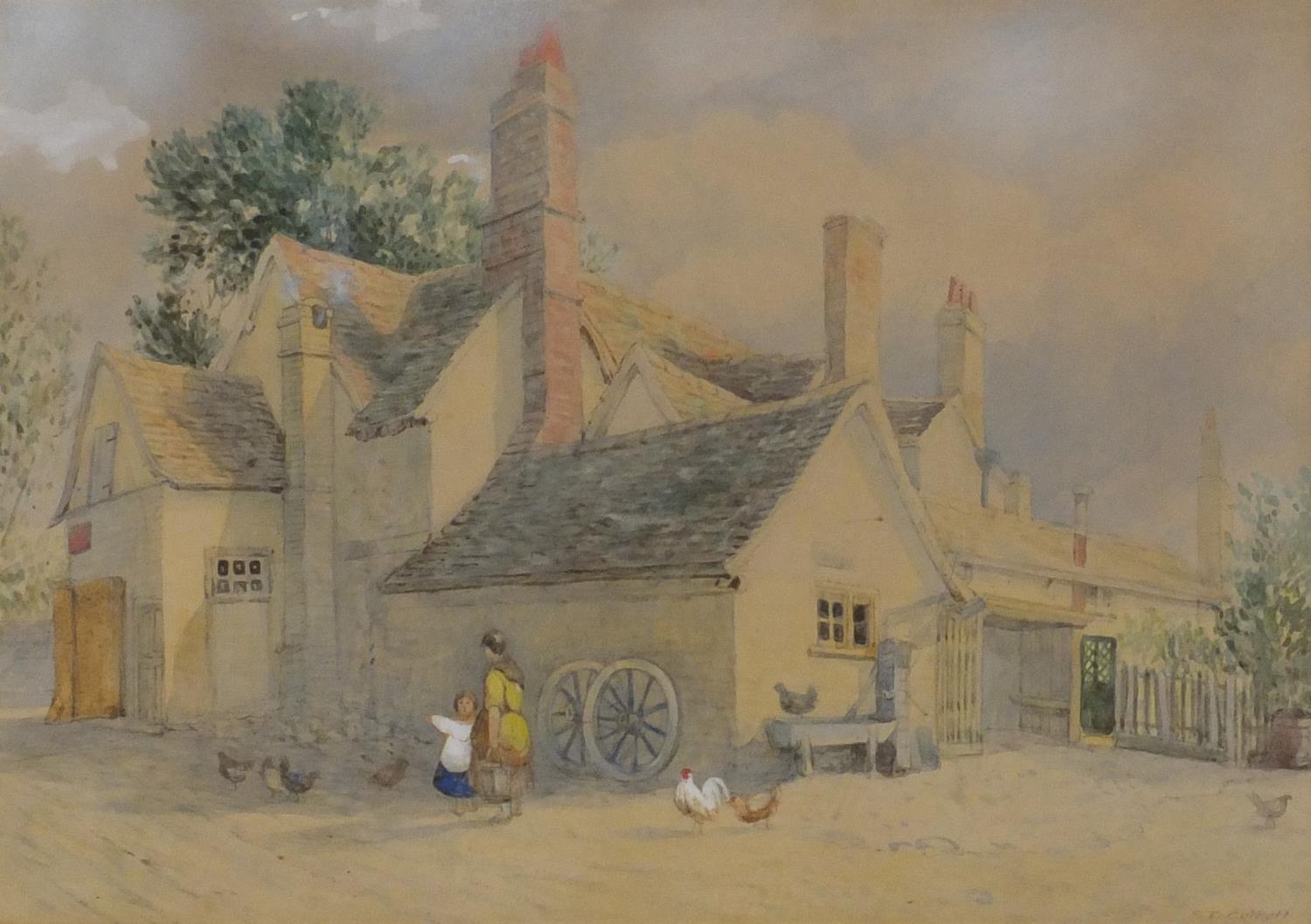 Samuel David Colkett - An Inn Yard, 19th century pencil and watercolour, label verso, mounted and