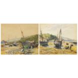 Morley - Seashore with moored boats, pair of early 20th century watercolours, mounted and framed,