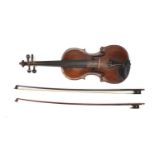 Old wooden violin with one piece back, two bows and fitted wooden case, the violin back 14.5inches