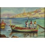 Maltese fishermen in Valletta harbour, watercolour, bearing a signature E C Dingli, framed, 31.5cm x