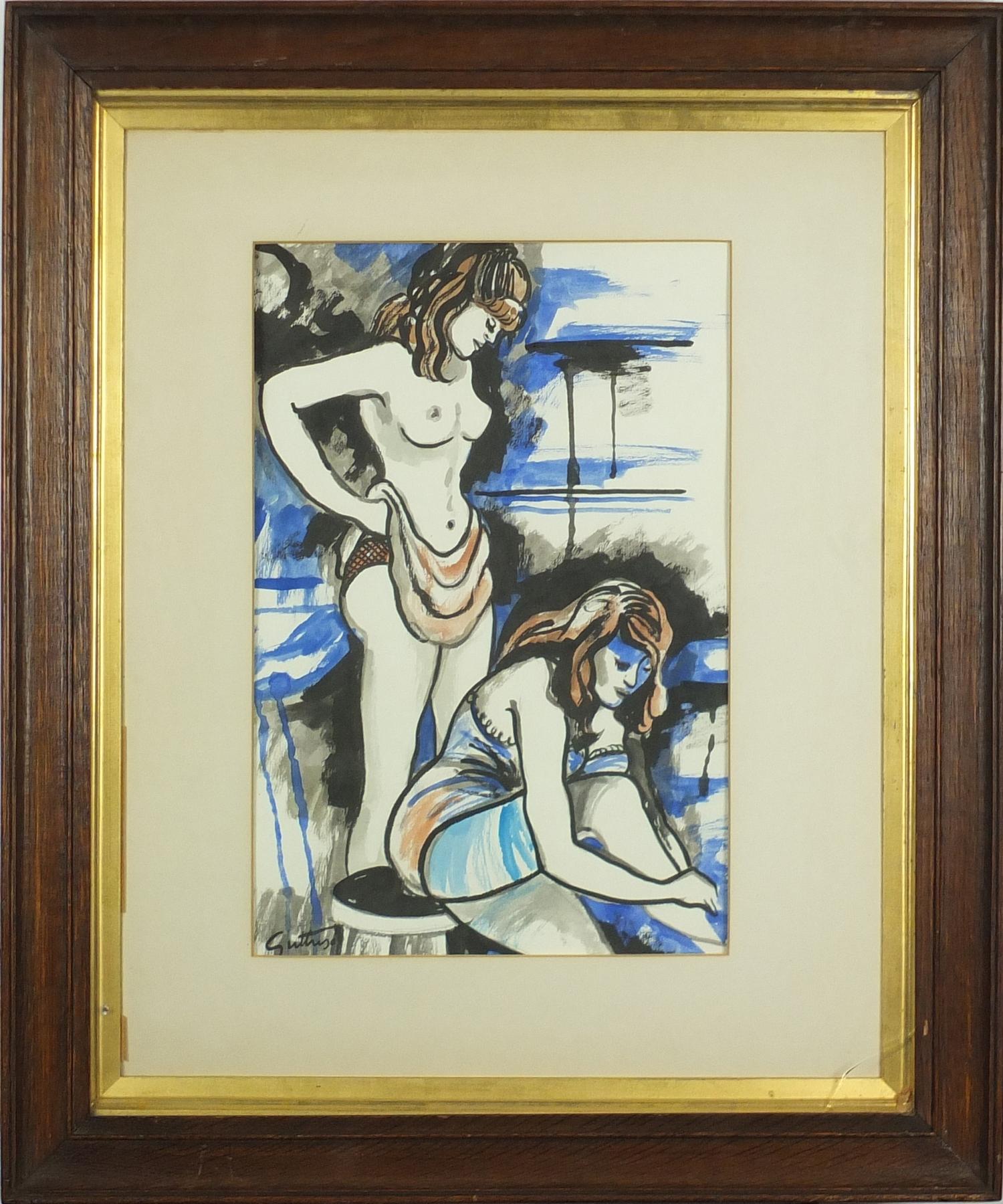 Two females bathing, watercolour, bearing a signature Guttuso, mounted and framed, 36cm x 24cm - Image 2 of 4