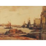 William Arthur Watkins RI 1940 - Evening in Limehouse Reach, watercolour, William C Price label