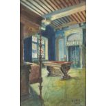 Tudor interior scene, early 20th century watercolour, bearing a monogram HJRS 1930, mounted and