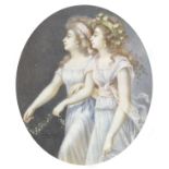 Peter Adolf Hall - The Jennings sisters, 18th cetnury oval watercolour miniature housed in a