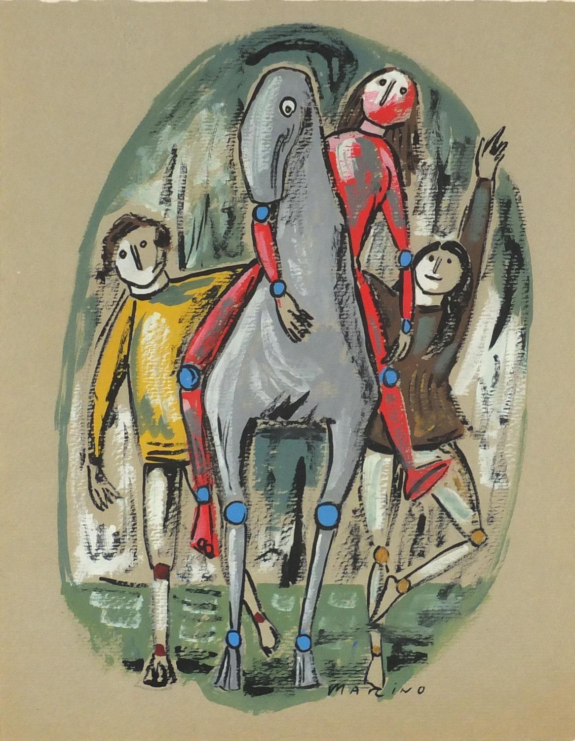 Three figures and a donkey, Italian school gouache, bearing a signature possibly Marcino, framed,