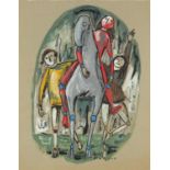 Three figures and a donkey, Italian school gouache, bearing a signature possibly Marcino, framed,