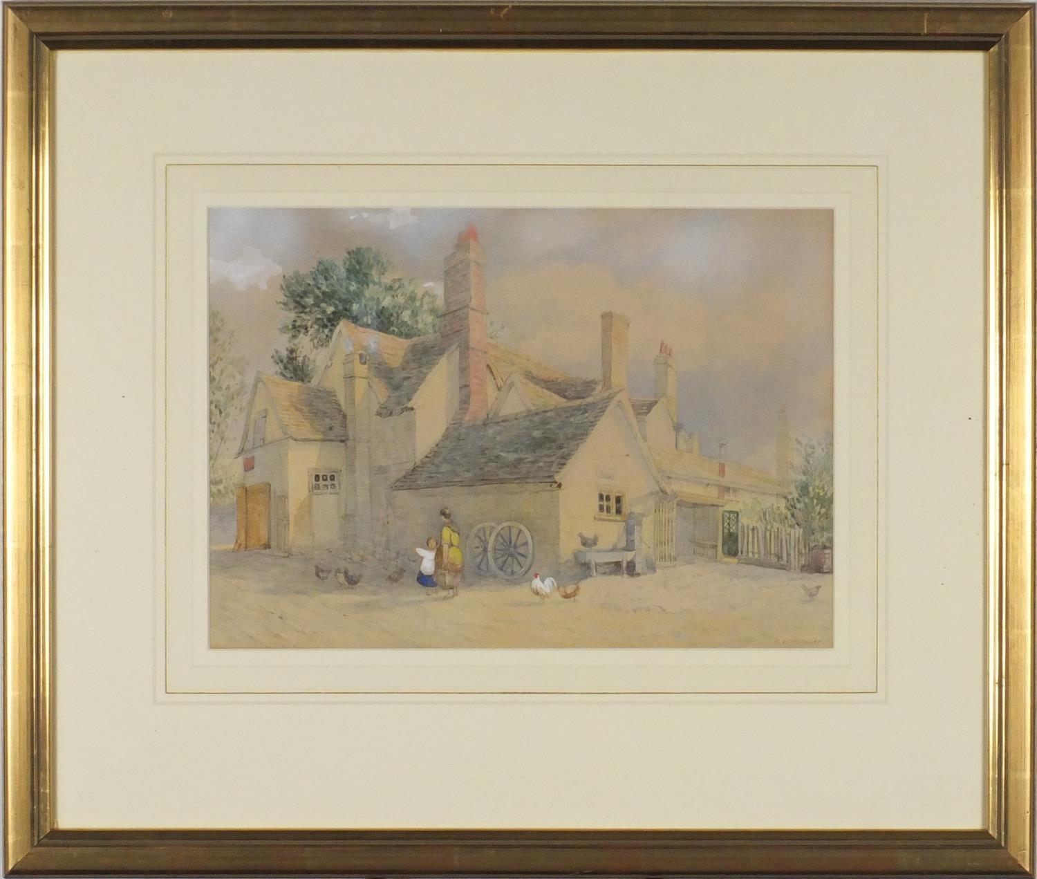 Samuel David Colkett - An Inn Yard, 19th century pencil and watercolour, label verso, mounted and - Image 2 of 5