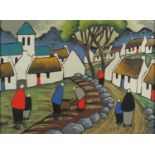 Figures and cottages before mountains, Irish school gouache, bearing a signature Markey, framed,