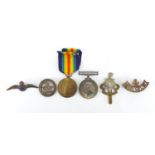 British Military World War I pair with two cap badges, silver services rendered brooch and silver