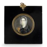 Oval Georgian hand painted portrait miniature of a female, housed in an ebonised easel frame, the