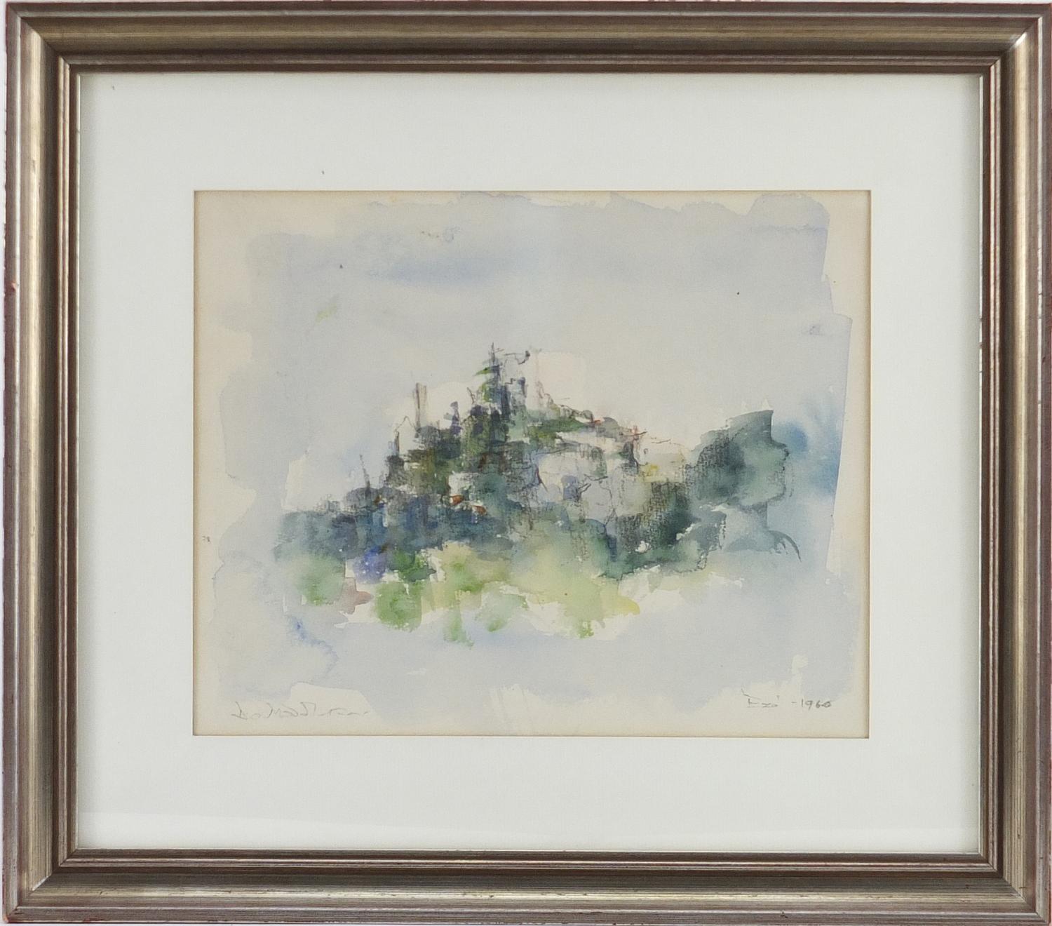 Derek Middleton 1960 - Eze Cote D'Azur, watercolour, inscribed verso, mounted and framed, 26cm x - Image 2 of 7