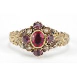 Victorian 9ct gold pink stone and seed pearl ring, the shoulders engraved with leaves, Birmingham