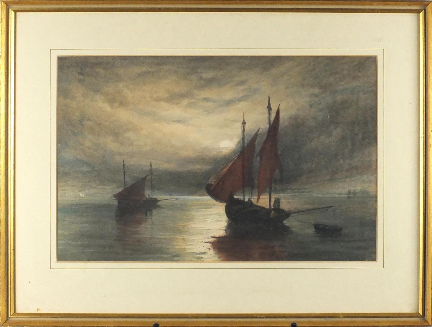 Boats at moonlit calm sea, watercolour, bearing an indistinct signature, mounted and framed, 46cm - Image 2 of 3