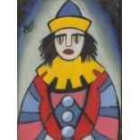 Portrait of a clown, Irish school gouache, bearing a signature Markey, mounted and framed, 23cm x