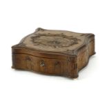 Early 20th century black forest box, the hinged lid carved with mountains and leaves, inscribed