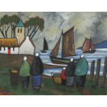 Figures and buildings before boats in water, Irish school gouache, bearing a signature Markey,