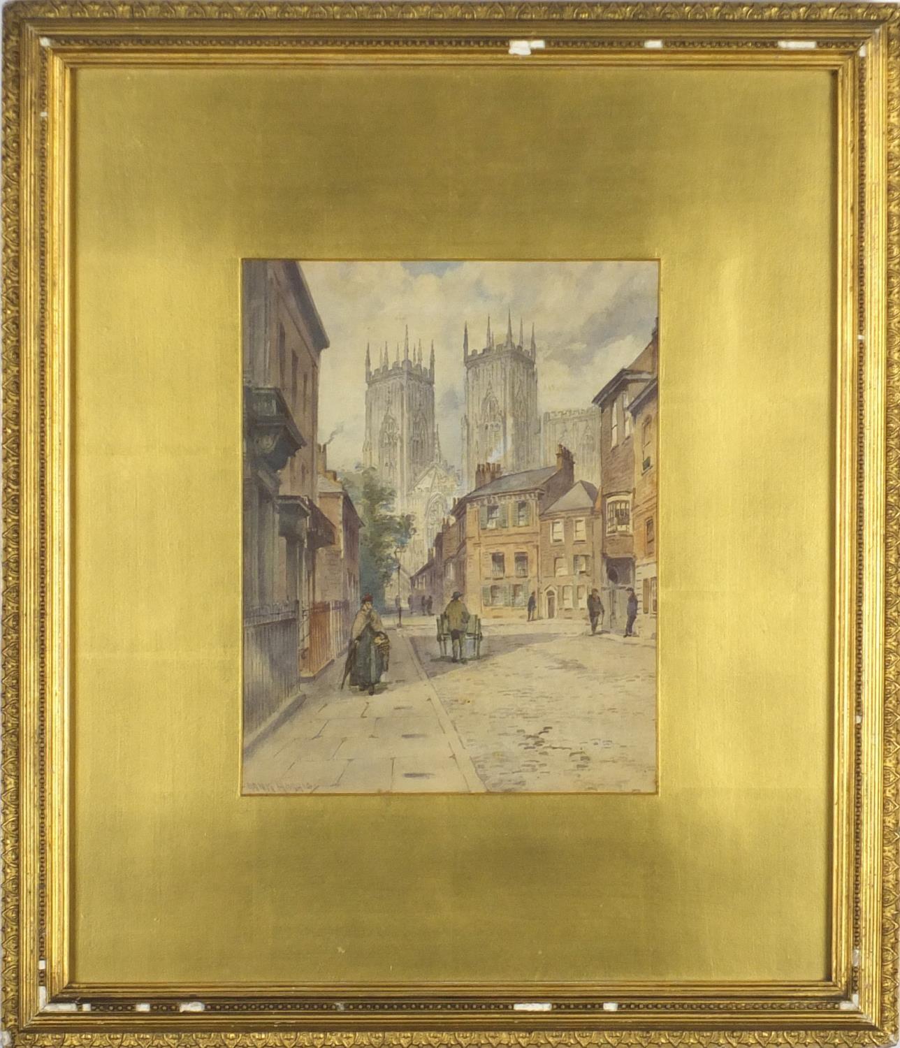 Frank Harris - View of York Minster, late 19th century watercolour, mounted and framed, 22cm x 17cm - Image 2 of 4