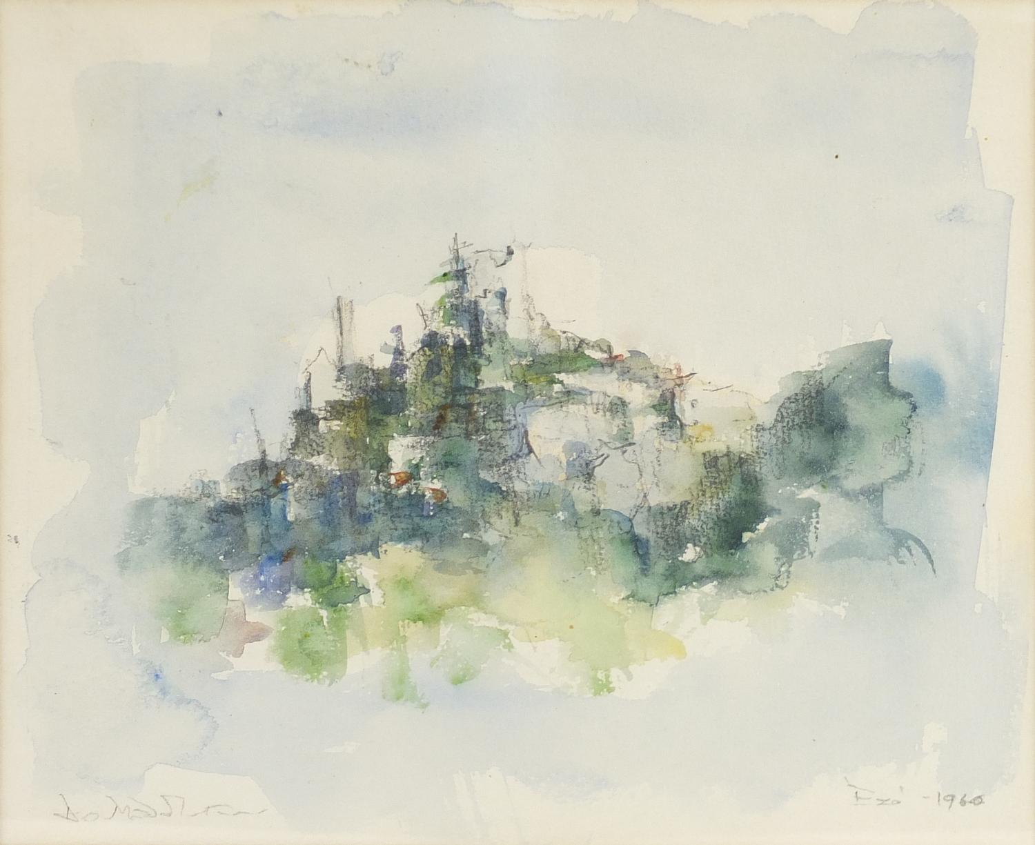 Derek Middleton 1960 - Eze Cote D'Azur, watercolour, inscribed verso, mounted and framed, 26cm x