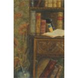 Books on a sideboard, late 19th century watercolour, bearing an indistinct signature Bel? and