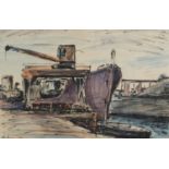 Impressionist dockyard, ink and watercolour, bearing an indistinct signature, mounted and framed,