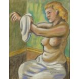 Semi nude female washing, coloured chalks, bearing a signature Gimmi, mounted and framed, 39.5cm x