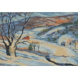 Harry Shokler - Winter landscape, pencil signed serigraph in colour, mounted and framed, 16cm x 11.