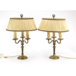 Pair of ornate gilt brass Bouillotte table lamps with silk lined pleated shades, each 44cm high :