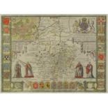 16th century map of Cambridgeshire by John Speed, hand coloured, mounted and framed, 53.5cm x 39.5cm