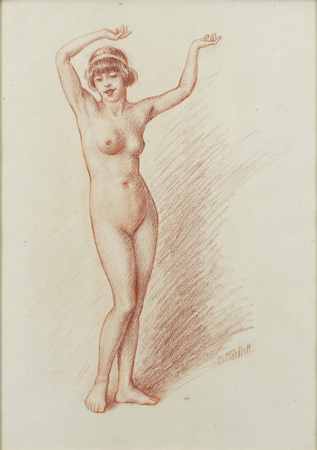 Ephrail Strellett - Standing nude female, Sanguine chalk drawing on paper, framed, 37cm x 27cm : For