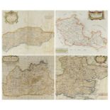 Set of four 18th century hand coloured maps by Robert Morden comprising Sussex, Surrey Berkshire and