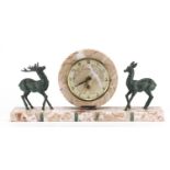 Art Deco marble and onyx mantel clock, mounted with two bronzed deer's, the dial with Arabic