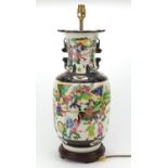 Large Chinese porcelain vase table lamp, hand painted with figures and warriors in a landscape, 56cm