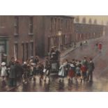 Marc Grimshaw - Edwardian street scene, pastel, mounted and framed, 53cm x 37.5cm : For Further