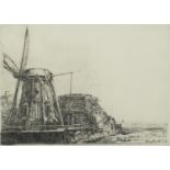 Rembrandt - Windmill and outbuildings, black and white etching, indistinctly inscribed in pencil,