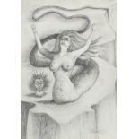Surreal composition of a mermaid, pencil on paper, bearing a signature Kubin, mounted and framed,