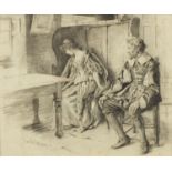 Harold Copping - Two figures in an interior, black chalk on card, inscribed verso, framed, 29cm x