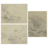 Charles Rowbotham - Continental landscapes, three 19th century pencil drawings including a pair,