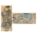 Two 19th century Japanese wood block prints comprising a triptych depicting Geisha's before water