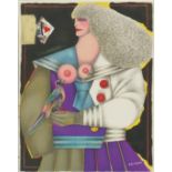 Richard Lindner - Lady and parrot, 1970's lithograph in colour, details verso, mounted and framed,