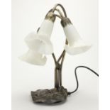 Bronzed metal Lily table lamp with three glass shades, 40cm high : For Further Condition Reports